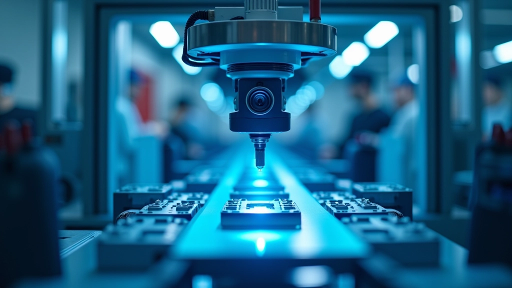 Linea di controllo qualità automatizzato con telecamere e sistema di visione artificiale che ispeziona componenti in movimento, luci LED blu e bianche