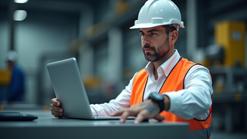 Ingegnere che analizza dati su laptop in ambiente di fabbrica con grafico di previsione di anomalie, background industriale
