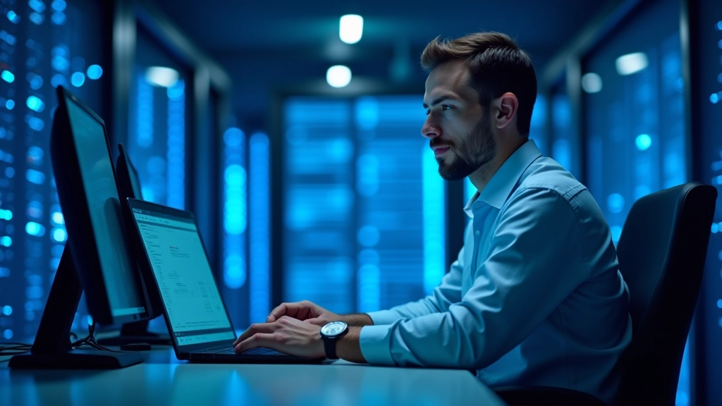 Ingegnere che lavora su laptop circondato da server e rack di computer in una moderna sala server con illuminazione LED blu