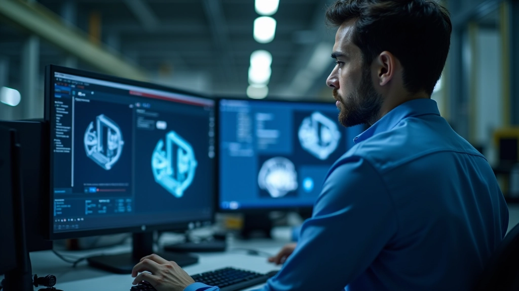 Ingegnere che esamina dataset di immagini difettose per addestramento di rete neurale, computer vision training, annotazione dati in laboratorio tecnico