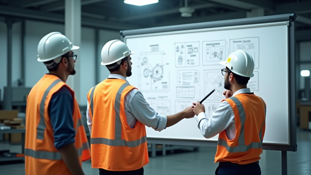 Sala riunioni moderna in fabbrica con dirigenti che discutono di strategie di automazione davanti a una lavagna con schemi e diagrammi