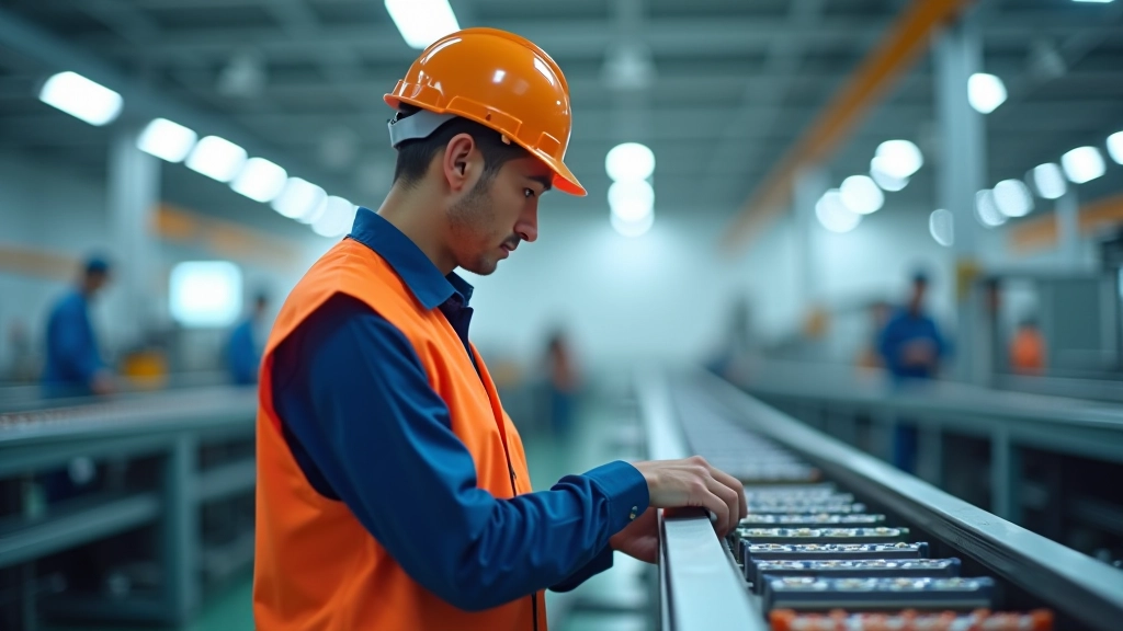 Operaio in fabbrica con casco di sicurezza che ispeziona prodotti su linea di assemblaggio automatizzata