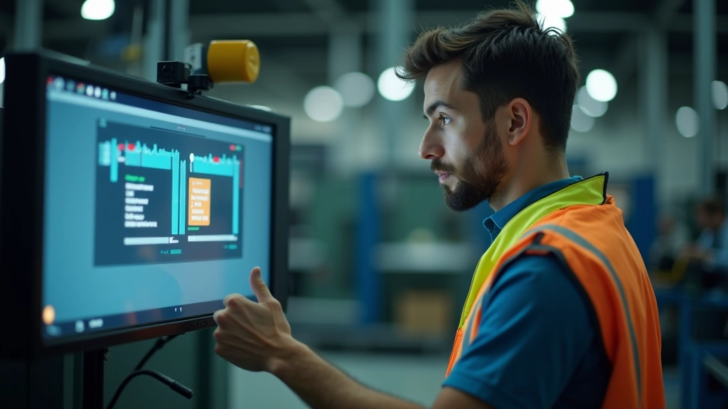 Operaio in impianto di produzione che controlla il display di un sistema di controllo qualità con visione artificiale
