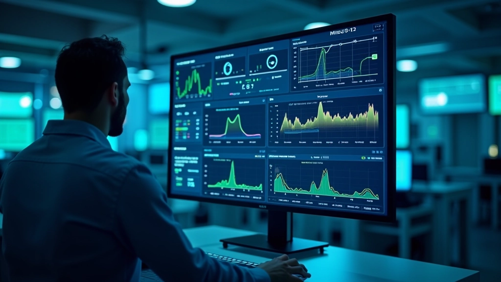 Schermata di dashboard di monitoraggio industriale con grafici di dati in tempo reale, curve di vibrazione e temperatura, interfaccia di controllo