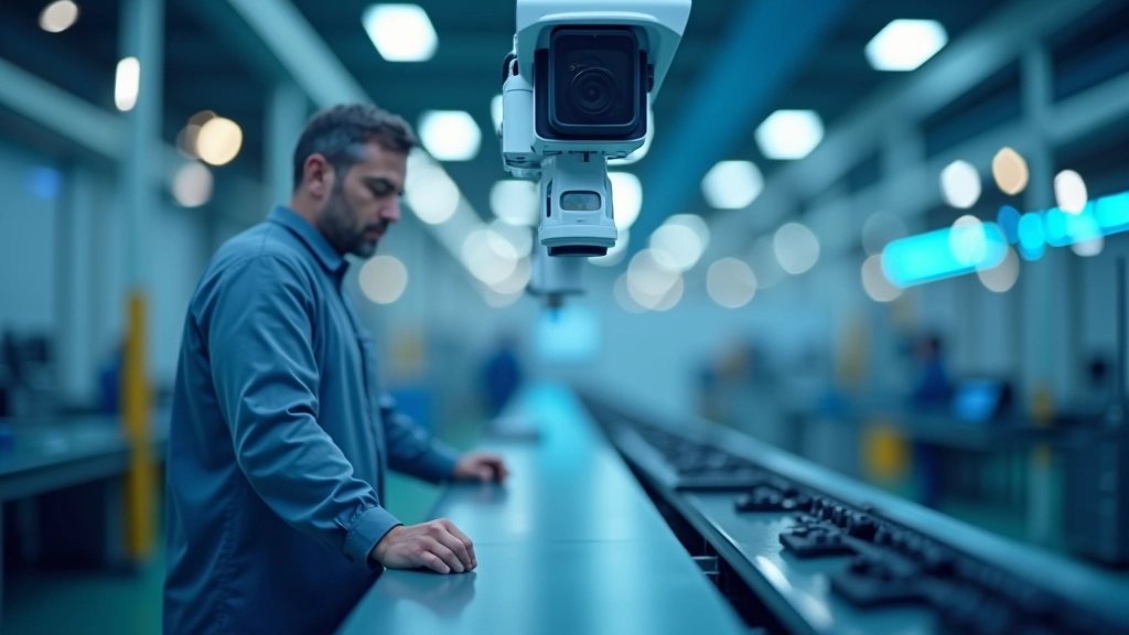 Sistema di visione artificiale in linea di produzione con telecamera e illuminazione LED, controllo qualità automatico in fabbrica moderna