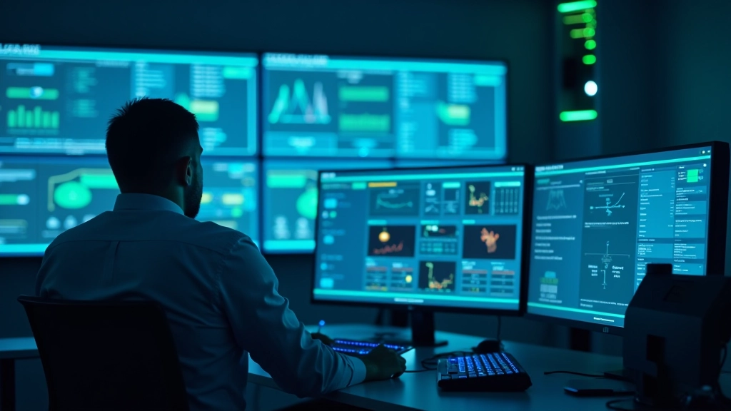 Centro di controllo di fabbrica con più monitor che mostrano dashboard di monitoraggio, operatori che controllano dati in tempo reale