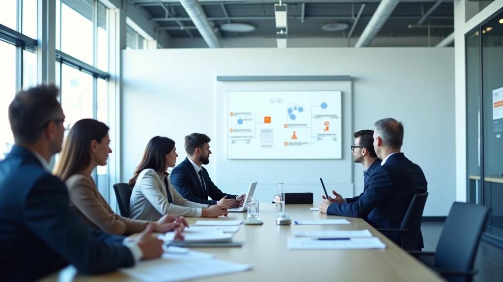 Sala riunioni moderna in fabbrica con dirigenti che discutono di strategie di automazione davanti a una lavagna con schemi e diagrammi