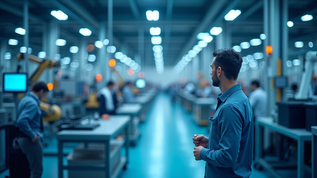 Impianto di produzione moderno con sensori e tecnologia industriale integrata, ripreso dall'alto in una fabbrica lombarda contemporanea