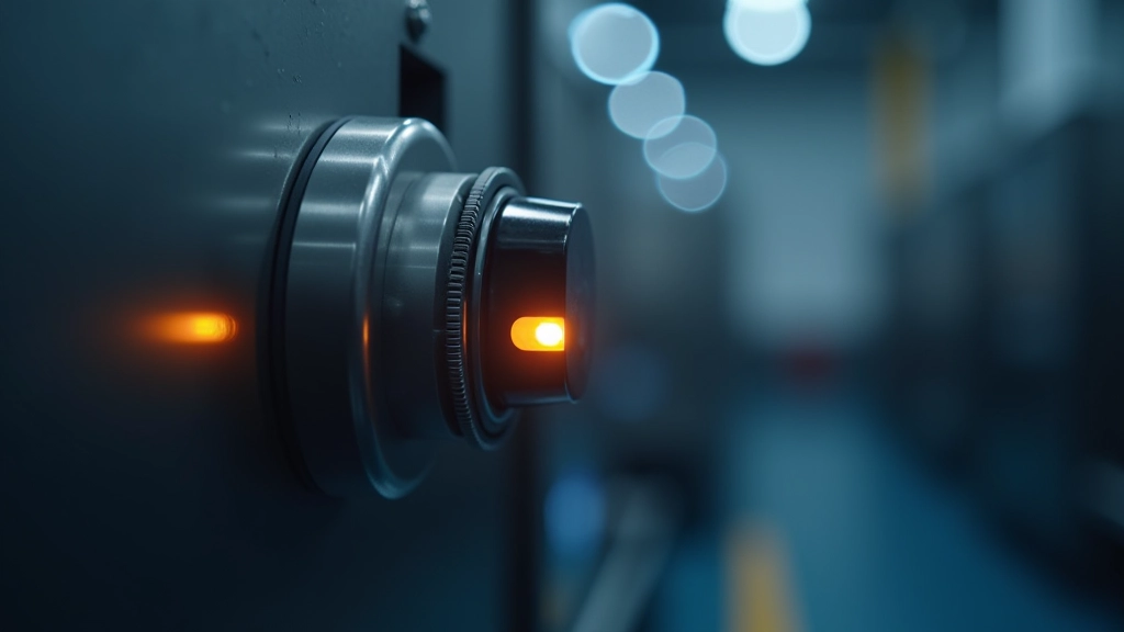 Sensore intelligente montato su macchinario industriale con luci LED rosse e verdi, ambiente fabbrica illuminato professionalmente
