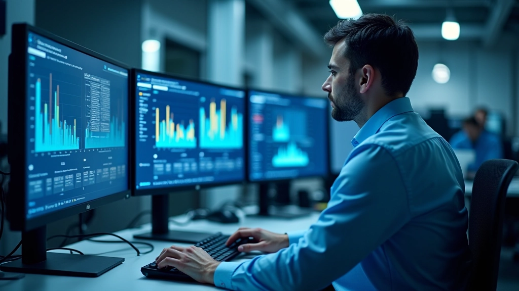 Tecnico in laboratorio che analizza dati su computer con grafici di previsione e andamenti di guasti, schermo con visualizzazione dati