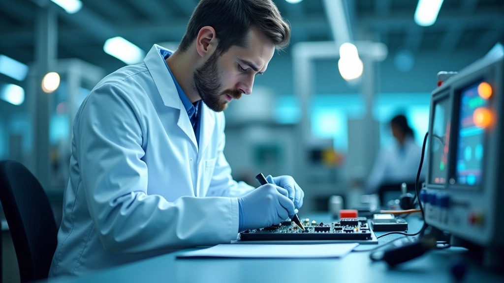 Tecnico in laboratorio che esamina circuiti e componenti elettronici su banco di prova con strumenti di misurazione